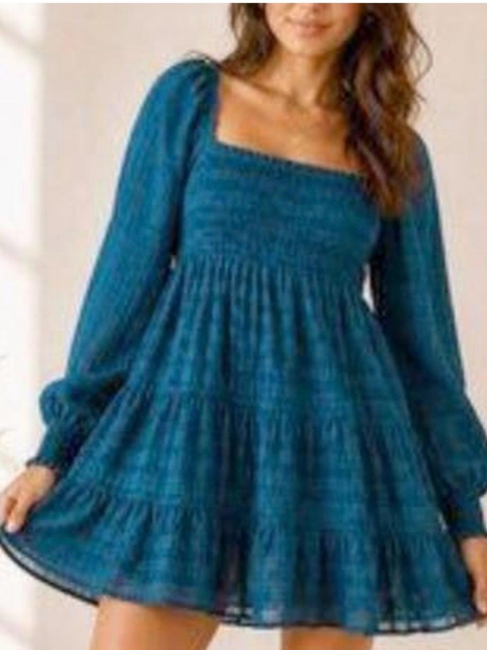 Urban Outfitters Teal Smocked Square-Neck Tiered Mini Dress